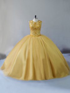 Glamorous Lace Up Vestidos de Quinceanera Gold for Sweet 16 and Quinceanera with Beading Brush Train