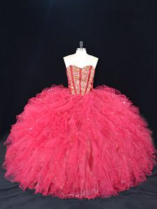 Eye-catching Coral Red Tulle Lace Up Sweetheart Sleeveless Quinceanera Dresses Beading and Ruffles