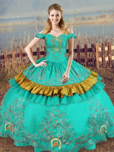 Turquoise Quinceanera Gowns Sweet 16 and Quinceanera with Embroidery Off The Shoulder Sleeveless Lace Up