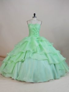 Flare Apple Green Lace Up Sweetheart Ruffled Layers and Ruching and Hand Made Flower Quinceanera Gown Organza Sleeveless
