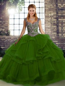 Pretty Tulle Straps Sleeveless Lace Up Beading and Ruffles Ball Gown Prom Dress in Green