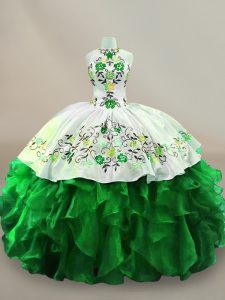 Dazzling Green Sleeveless Floor Length Embroidery and Ruffles Lace Up Quinceanera Dresses