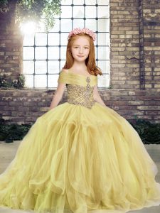 Floor Length Lace Up Pageant Dress for Teens Yellow for Military Ball and Wedding Party with Beading