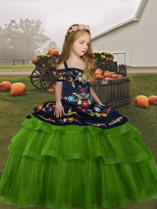 Ball Gowns Pageant Dress for Girls Green Straps Tulle Sleeveless Floor Length Lace Up