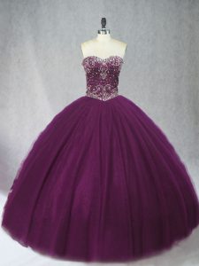 Customized Dark Purple Sleeveless Floor Length Beading Lace Up Ball Gown Prom Dress
