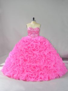 Hot Pink Ball Gowns Beading and Ruffles 15 Quinceanera Dress Lace Up Fabric With Rolling Flowers Sleeveless Floor Length