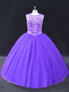 Purple Halter Top Lace Up Beading Ball Gown Prom Dress Sleeveless
