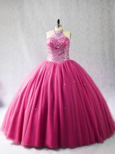 Hot Pink Sleeveless Beading Lace Up Vestidos de Quinceanera