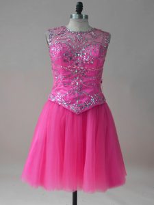 Edgy Hot Pink Sleeveless Beading Mini Length Prom Evening Gown