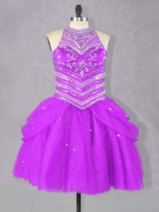 Glorious Fuchsia Sleeveless Beading Mini Length Prom Dress