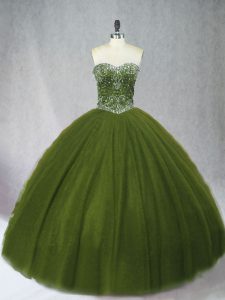 Enchanting Olive Green Tulle Lace Up Sweetheart Sleeveless Floor Length Sweet 16 Quinceanera Dress Beading