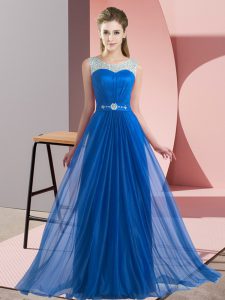 Floor Length Blue Wedding Guest Dresses Chiffon Sleeveless Beading