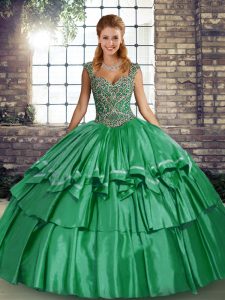 Best Selling Green Quince Ball Gowns Military Ball and Sweet 16 and Quinceanera with Beading and Ruffled Layers Straps Sleeveless Lace Up