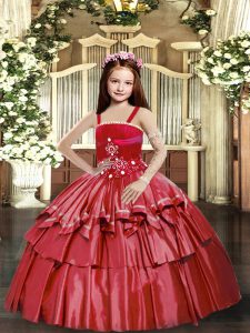 Red Lace Up Straps Beading and Ruffled Layers Little Girl Pageant Dress Taffeta Sleeveless