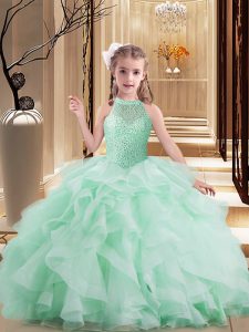 Exquisite High-neck Sleeveless Lace Up Child Pageant Dress Apple Green Tulle