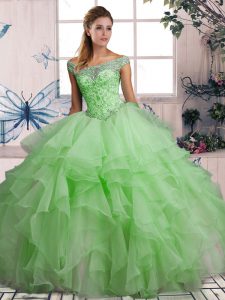 Romantic Organza Off The Shoulder Sleeveless Lace Up Beading and Ruffles Quinceanera Dress in Green