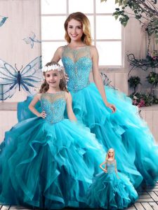 On Sale Aqua Blue Lace Up Scoop Beading and Ruffles Sweet 16 Dresses Tulle Sleeveless