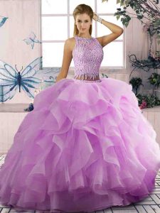 Lilac Two Pieces Tulle Scoop Sleeveless Beading and Ruffles Floor Length Lace Up Sweet 16 Dresses