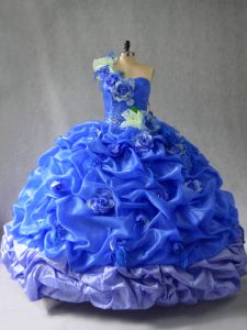 Dazzling Blue Organza Lace Up Quinceanera Dress Sleeveless Floor Length Pick Ups and Hand Made Flower