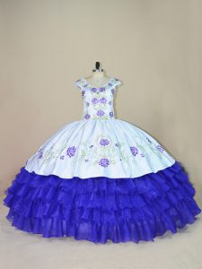 Pretty V-neck Cap Sleeves Quince Ball Gowns Floor Length Embroidery and Ruffled Layers White And Purple Satin and Organza