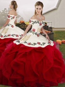 Modern Sleeveless Tulle Floor Length Lace Up 15th Birthday Dress in White And Red with Embroidery and Ruffles