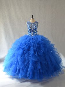 Blue Quinceanera Dress Sweet 16 and Quinceanera with Beading and Ruffles Scoop Sleeveless Side Zipper