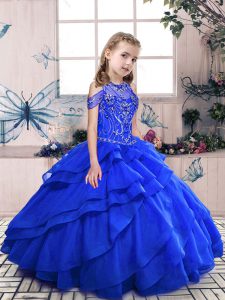 Discount Royal Blue Sleeveless Floor Length Beading Lace Up Child Pageant Dress