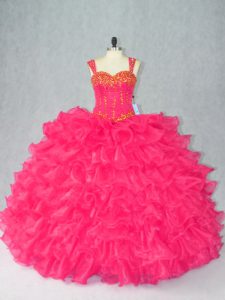 Nice Ball Gowns Sweet 16 Quinceanera Dress Red Straps Organza Sleeveless Floor Length Lace Up