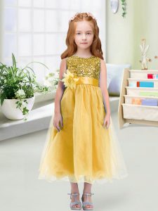 Extravagant Tea Length Gold Flower Girl Dresses for Less Scoop Sleeveless Zipper