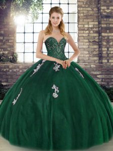 Cheap Tulle Sweetheart Sleeveless Lace Up Beading and Appliques 15 Quinceanera Dress in Green