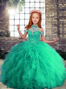 Floor Length Lace Up Evening Gowns Turquoise for Party and Military Ball and Wedding Party with Beading and Ruffles