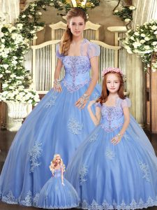 Unique Light Blue Tulle Lace Up Quinceanera Dress Sleeveless Floor Length Beading and Appliques