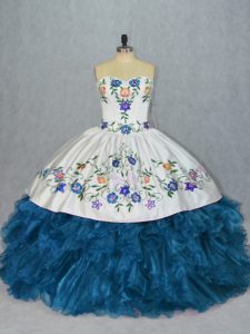 Latest Blue Sleeveless Embroidery and Ruffles Lace Up Sweet 16 Dress