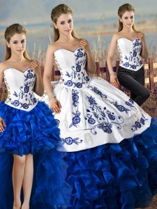Blue And White Ball Gowns Organza Sweetheart Sleeveless Embroidery and Ruffles Lace Up Quinceanera Gown