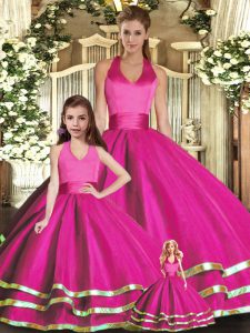 Fuchsia Lace Up Halter Top Ruffled Layers Quinceanera Gown Organza Sleeveless