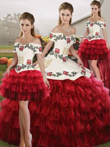 Wine Red Off The Shoulder Lace Up Embroidery and Ruffled Layers Quinceanera Gown Sleeveless
