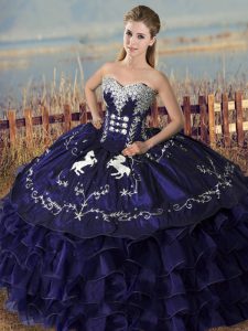 Organza Sweetheart Sleeveless Lace Up Embroidery and Ruffles Quince Ball Gowns in Purple