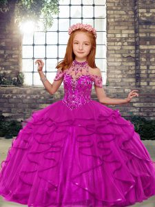 High Class Fuchsia High-neck Lace Up Beading and Ruffles Child Pageant Dress Sleeveless
