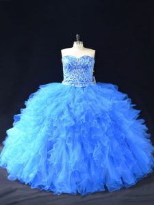 Glamorous Blue Organza Lace Up Ball Gown Prom Dress Sleeveless Floor Length Beading and Ruffles