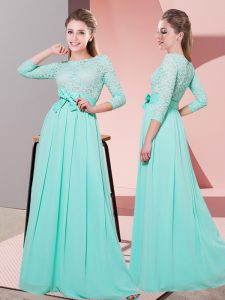 3 4 Length Sleeve Side Zipper Floor Length Lace and Belt Quinceanera Dama Dress