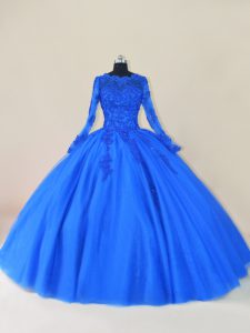 Attractive Royal Blue Tulle Zipper Quinceanera Dresses Long Sleeves Floor Length Lace and Appliques