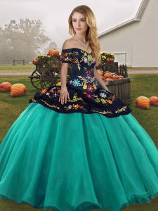 New Arrival Ball Gowns Quinceanera Gowns Turquoise Off The Shoulder Tulle Sleeveless Floor Length Lace Up