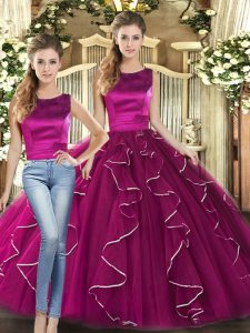 Designer Sleeveless Tulle Floor Length Lace Up Vestidos de Quinceanera in Fuchsia with Ruffles
