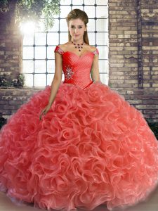 High Class Fabric With Rolling Flowers Off The Shoulder Sleeveless Lace Up Beading Quinceanera Dress in Watermelon Red