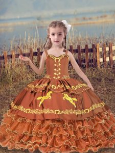 Rust Red Straps Neckline Beading and Embroidery and Ruffled Layers Girls Pageant Dresses Sleeveless Lace Up