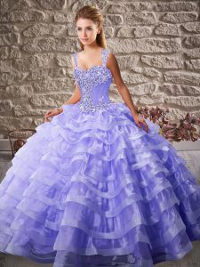 Sleeveless Court Train Lace Up Beading and Ruffled Layers Vestidos de Quinceanera