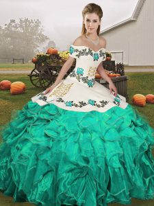 Fabulous Off The Shoulder Sleeveless Sweet 16 Dress Floor Length Embroidery and Ruffles Turquoise Organza