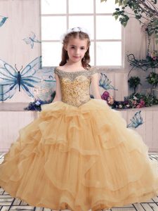 Classical Champagne Lace Up Off The Shoulder Beading and Ruffles Little Girls Pageant Gowns Tulle Sleeveless