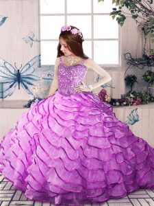 Amazing Lilac Ball Gowns Organza Straps Sleeveless Ruffled Layers Lace Up Little Girls Pageant Dress Court Train