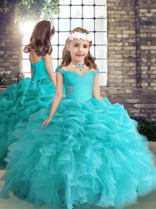 Luxurious Aqua Blue Sleeveless Organza Side Zipper Little Girl Pageant Gowns for Party and Wedding Party